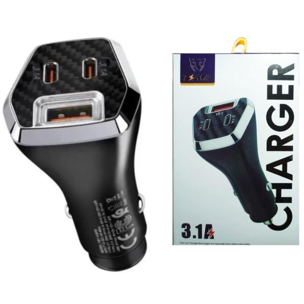 Cargador Auto  X2 Salida Hembra Tipo C 3.1A + Usb 3.1A