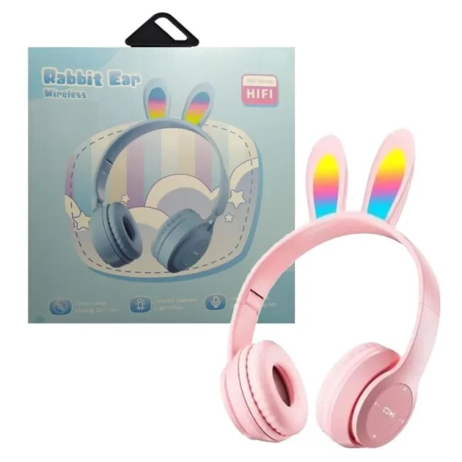 Lanzamiento Auriculares Conejo C/Luz Inalámbrico Bluetooth Vincha Color Rosa