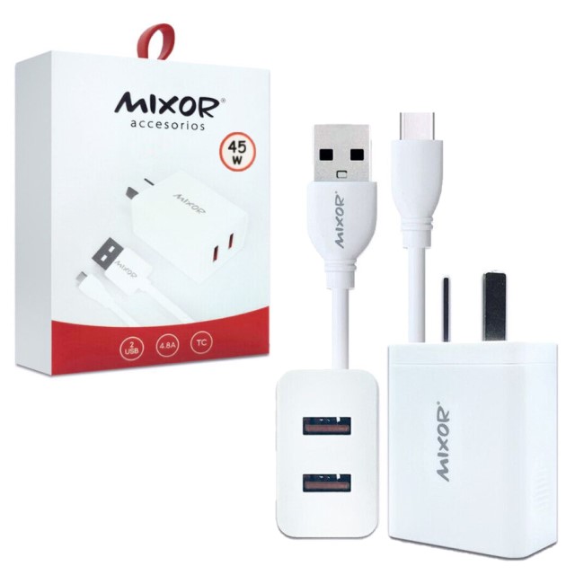 Cargador Cabezal Mixor 5.1w 5v 2 Usb Hembra + Cable Usb A Tipo C