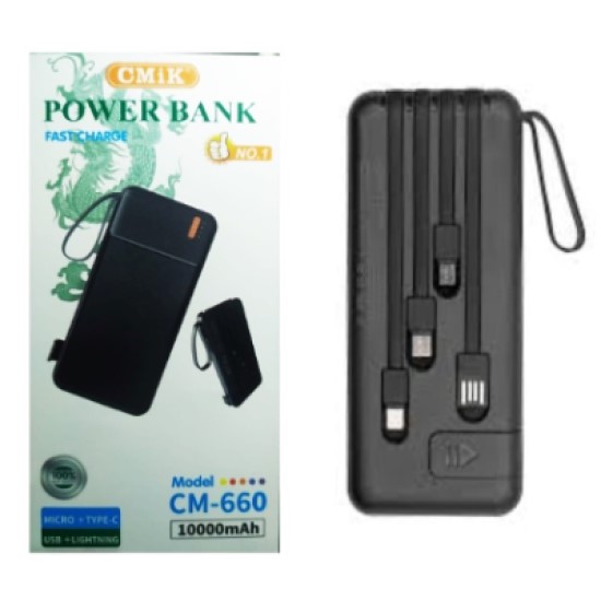 Powerbank Cmik 10.000, Cables  Usb, Micro Tipo C, Iphone